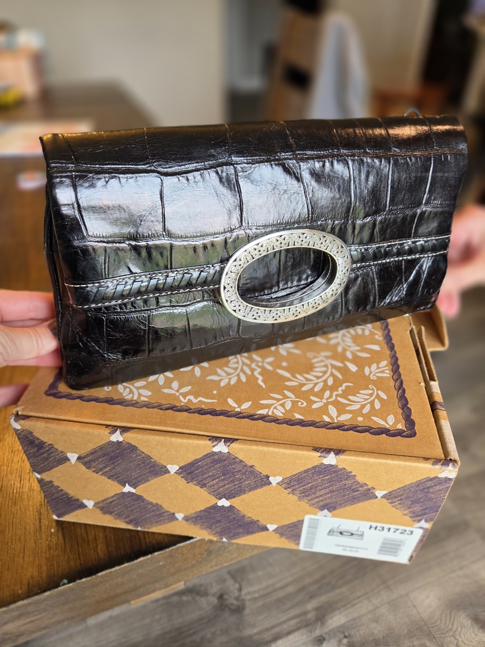Brighton Vintage Black Croc-Embossed Leather Clutch with Decorative Oval Accent